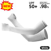 White fingerless arm sleeves designed for UV protection and warmth.
