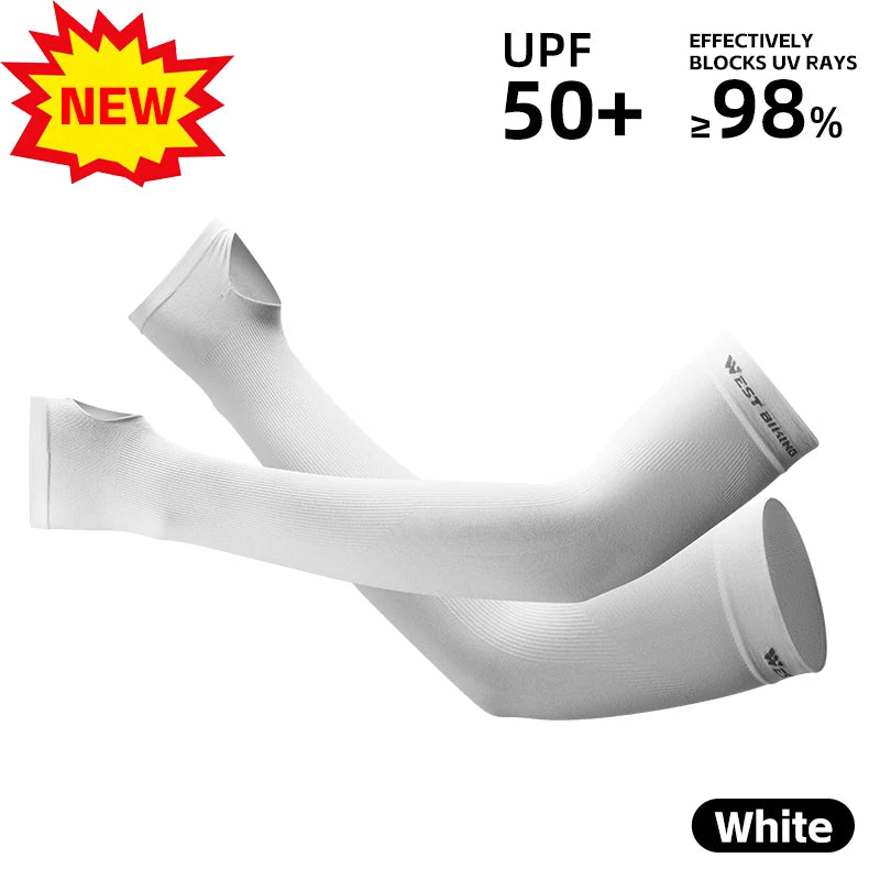 White fingerless arm sleeves designed for UV protection and warmth.