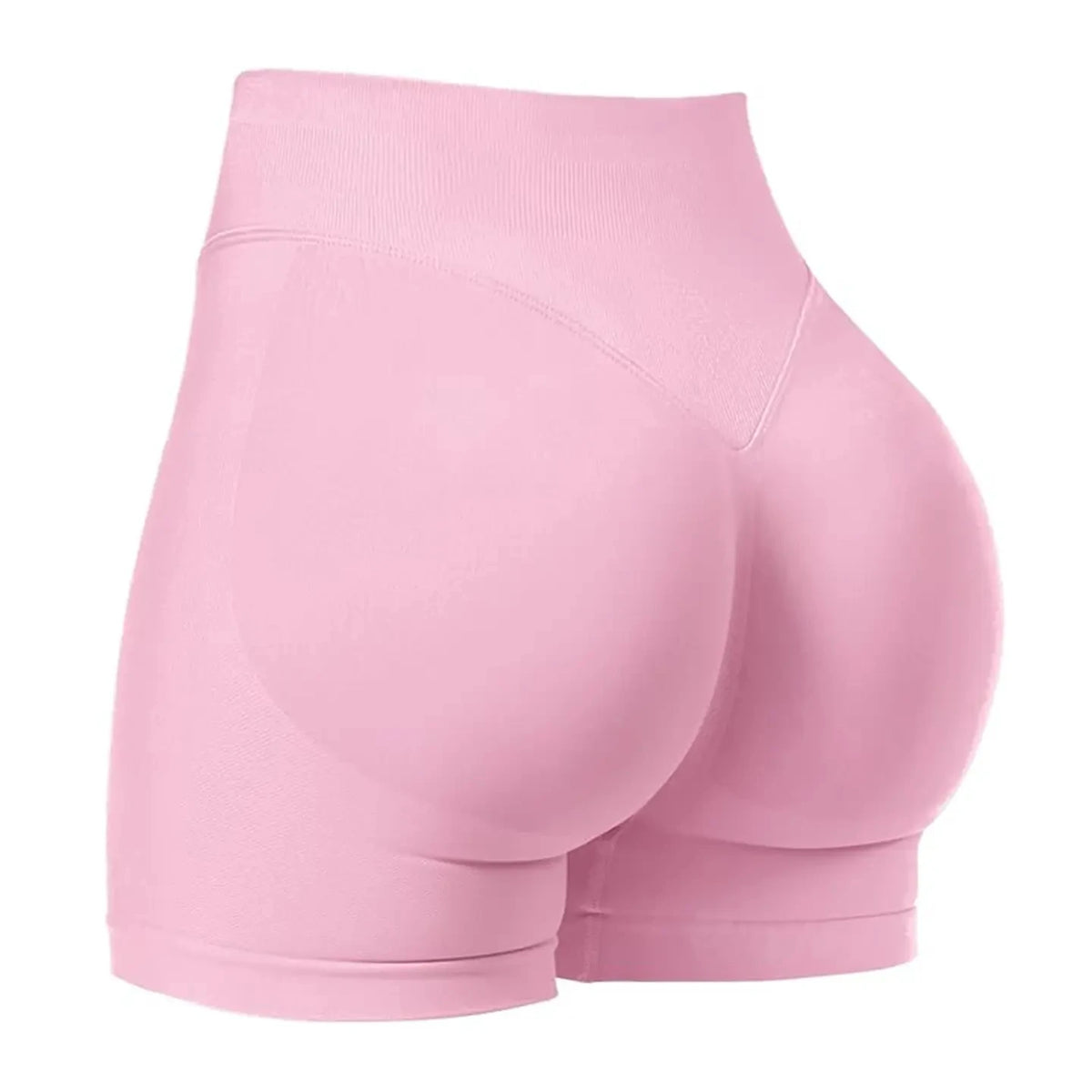 Light pink high-waisted knit fitness shorts shown from the rear view