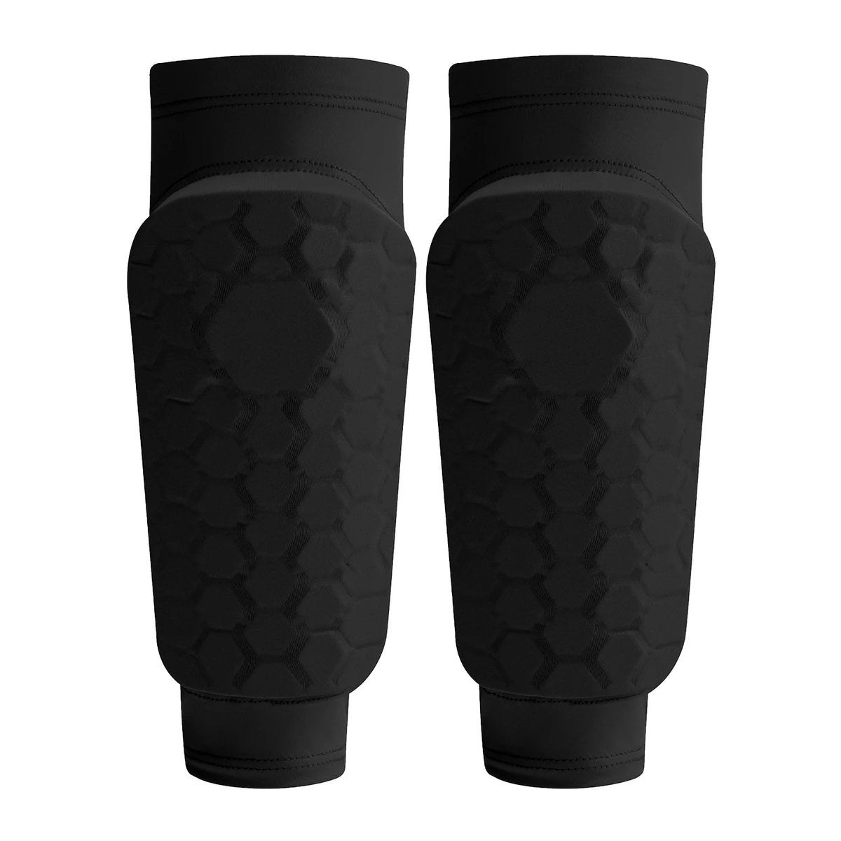 A pair of black lightweight soccer shin guards for calf protection.
