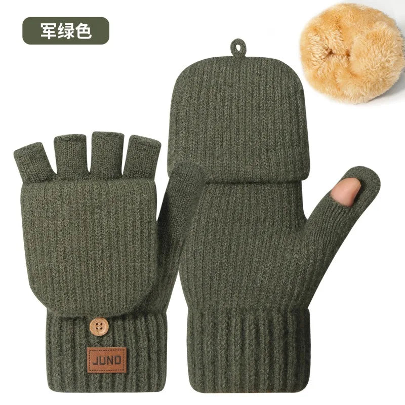 Olive green knit gloves with a fluffy pom-pom on top and a brown tag.
