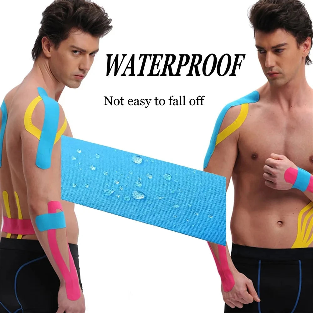 Two men demonstrate waterproof kinesiology tape on their arms, showing its application and durability.