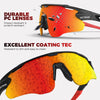 Close-up view of orange and yellow photochromic sports sunglasses with durable lenses and coating technology