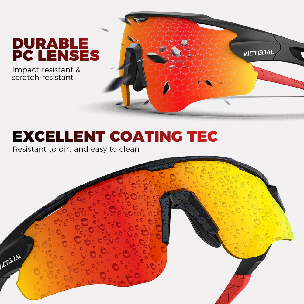 Close-up view of orange and yellow photochromic sports sunglasses with durable lenses and coating technology