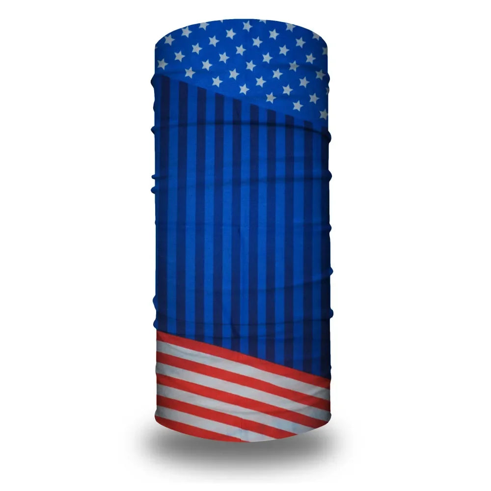 A tube bandana or head wrap featuring the design of the United States flag.