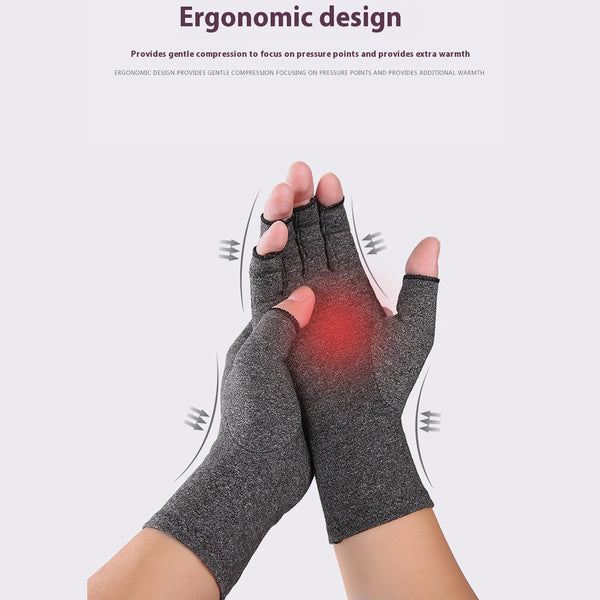 A hand wearing fingerless compression gloves with a red, warm-looking material.