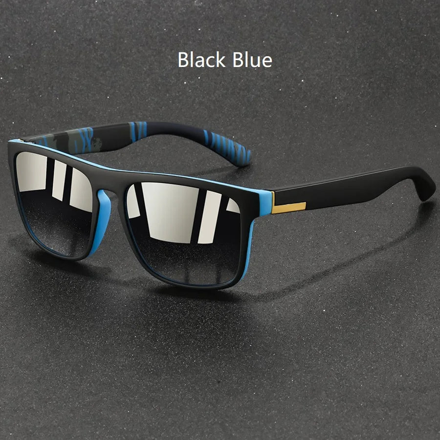 Black blue vintage designer square sunglasses with black frames and blue accents