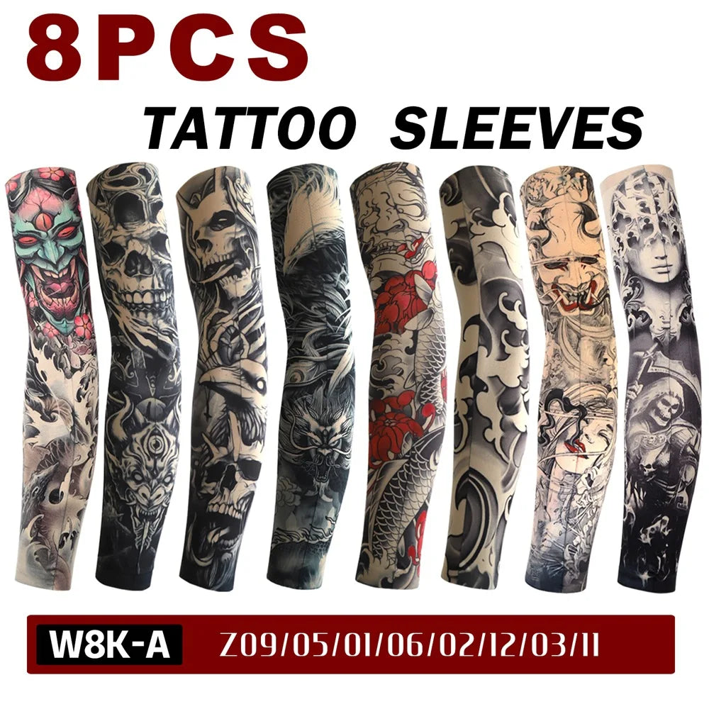 Eight pack of full arm tattoo sleeves featuring various black and grey designs