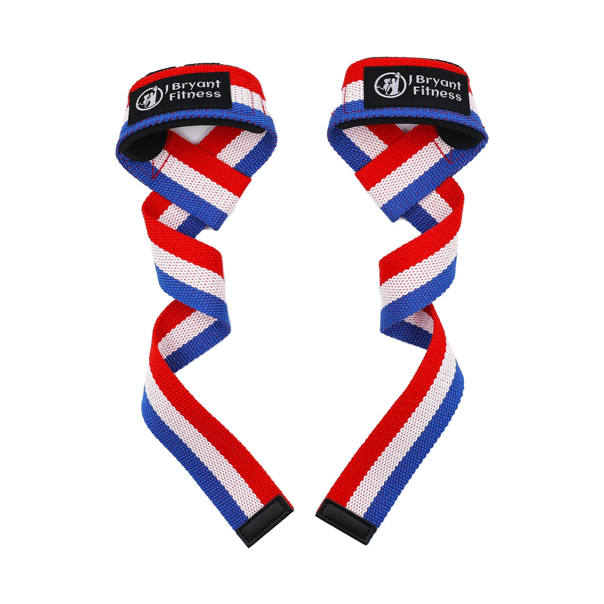 A red, white, and blue striped gym wrist strap with a black logo for enhanced grip.
