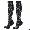 Pair of black compression elastic socks with pink and gray stripes