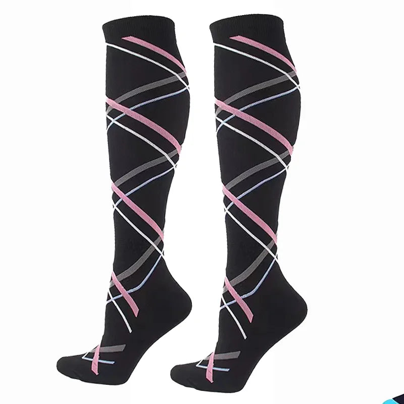 Pair of black compression elastic socks with pink and gray stripes