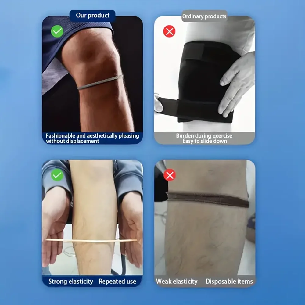 Image showing a knee brace strap used for patella stabilization, demonstrating its features and comparison with ordinary prod
