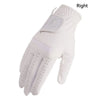 A white microfiber men's golf glove shown from the palm side, labeled as right hand.