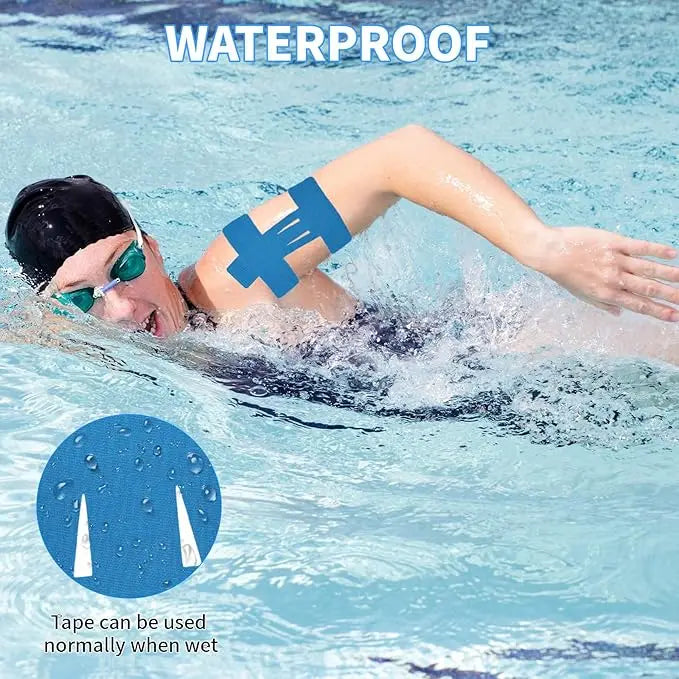 Person swimming in water demonstrates the waterproof nature of kinesiology tape for shoulder pain relief.