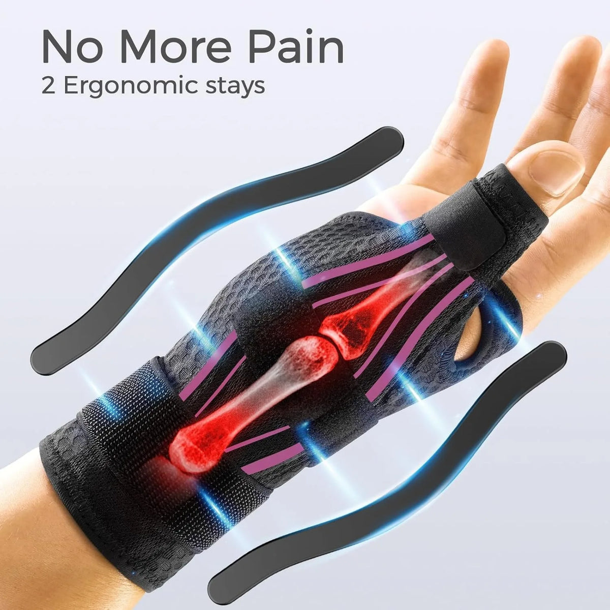 Una mano con una tobillera negra de soporte, mostrando estabilizadores ergonómicos rosas y rojos.
