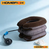 A dark brown inflatable cervical traction stretcher with a black hose is shown on a light blue background.