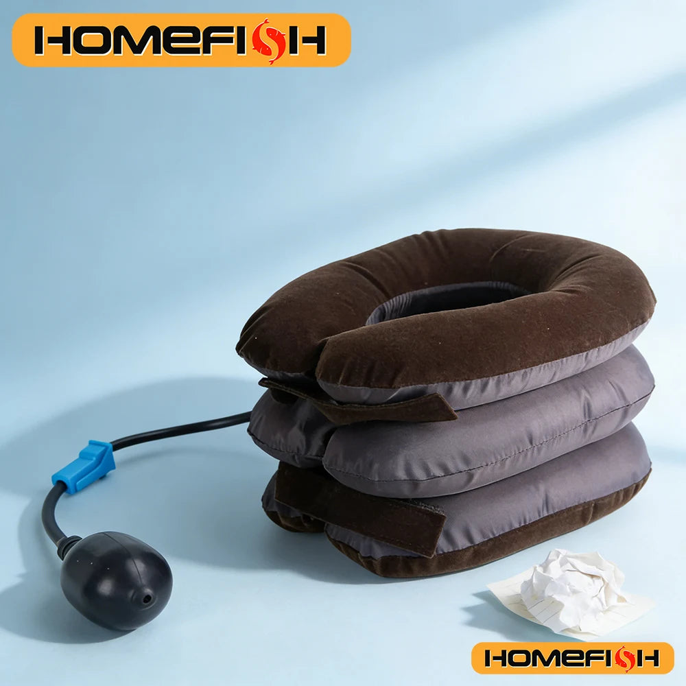 A dark brown inflatable cervical traction stretcher with a black hose is shown on a light blue background.