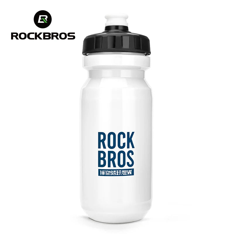 White sports water bottle with a black cap and Rockbros branding