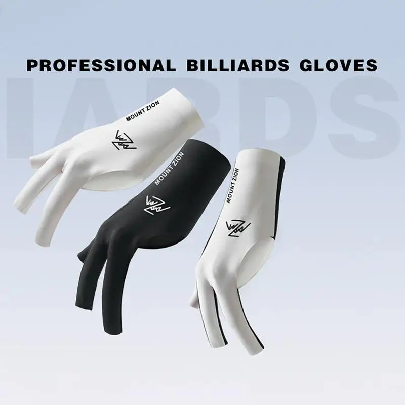 A set of professional billiard gloves in white and black, shown from above.