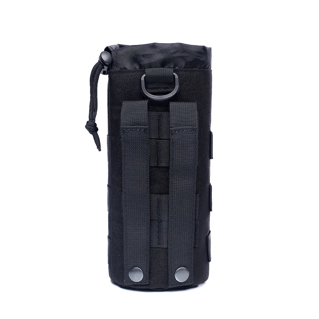 Black tactical MOLLE water bottle pouch with a loop and multiple straps