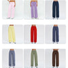 A collection of women's high-waist flared yoga pants in various colors including black, purple, pink, blue, yellow, red, gray
