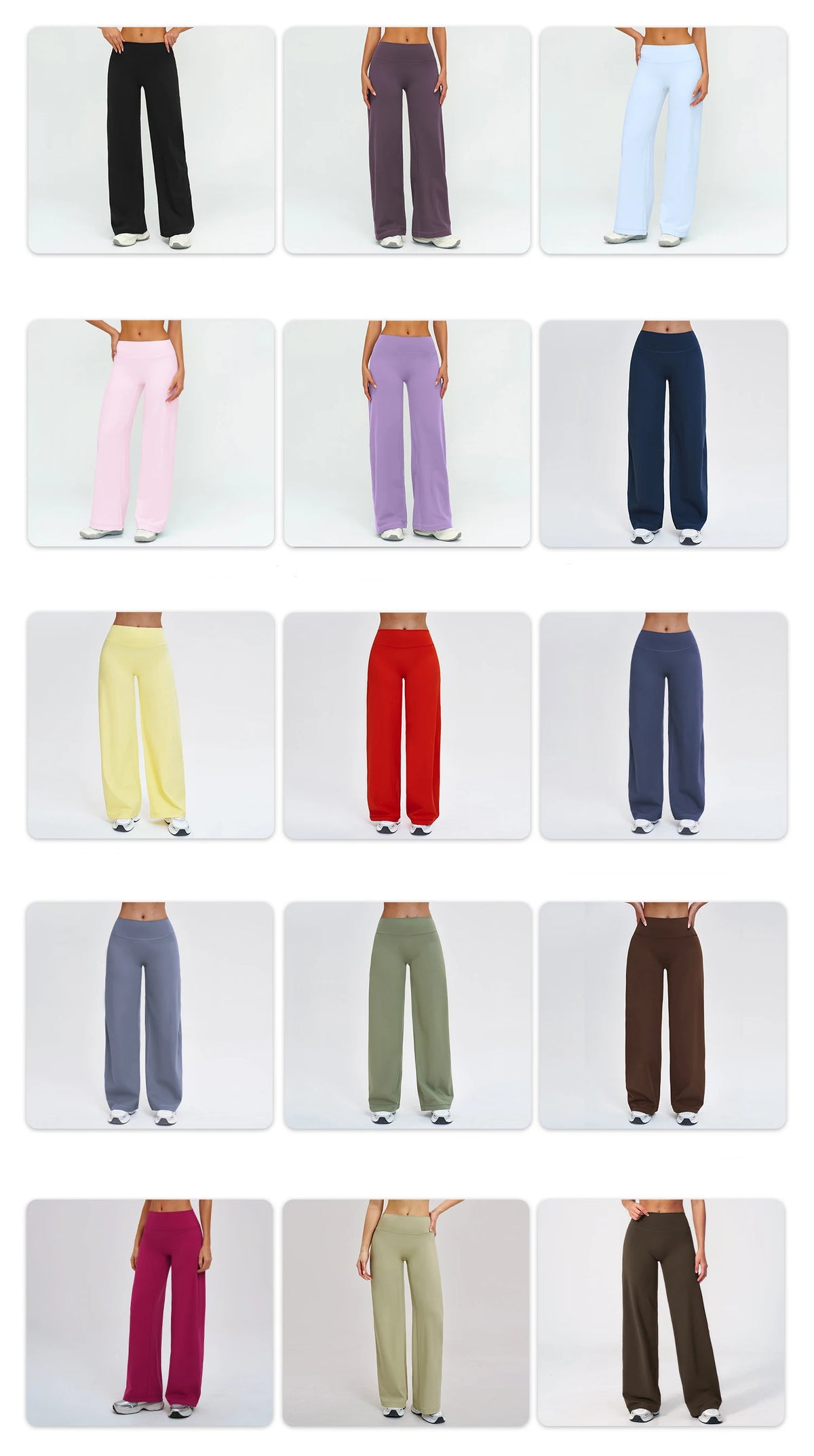 A collection of women's high-waist flared yoga pants in various colors including black, purple, pink, blue, yellow, red, gray