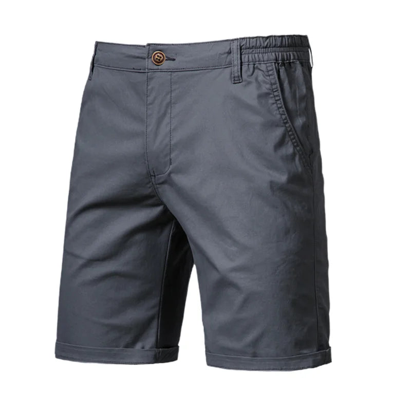 Gray men's summer cotton casual shorts with a button closure and side pockets