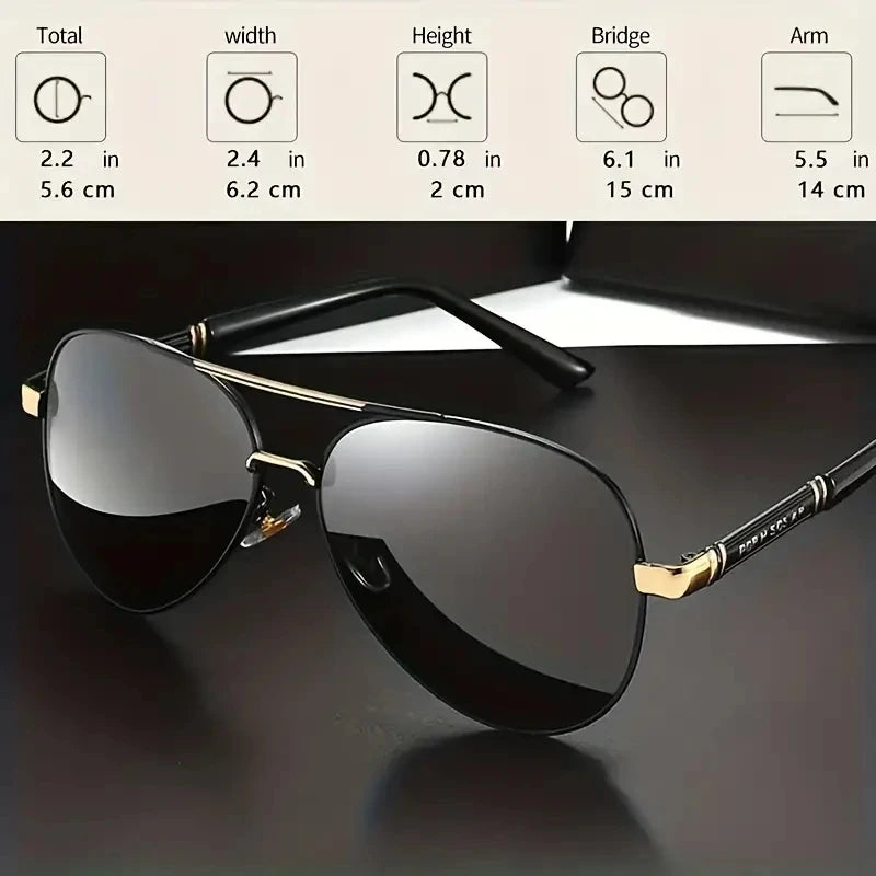 A pair of black men's rectangle polarized sunglasses resting on a dark surface.