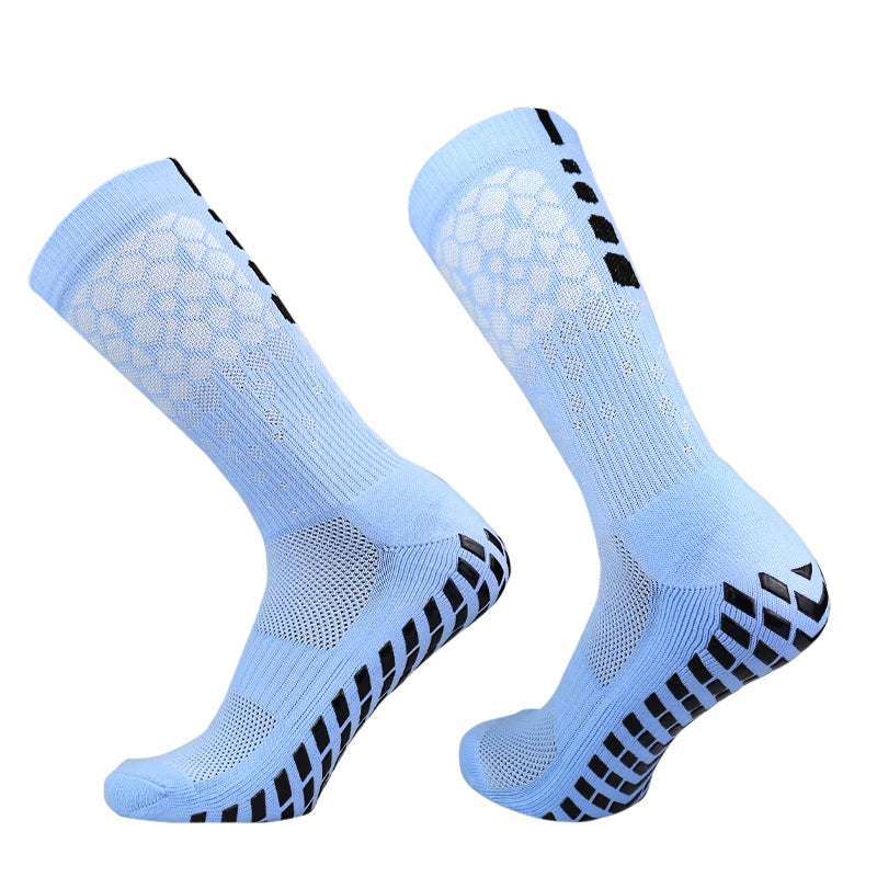 Light blue honeycomb grip football socks shown from the side.