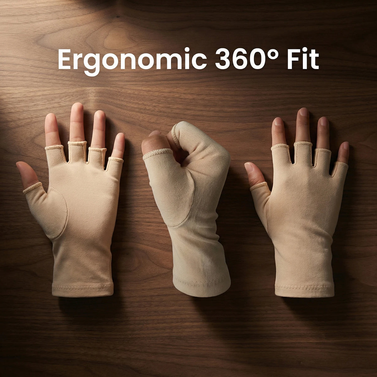 Three beige fingerless compression gloves are displayed on a wooden surface, demonstrating an ergonomic 360 degree fit.