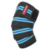 Black knee wraps with blue stripes and a red logo for high-compression support.