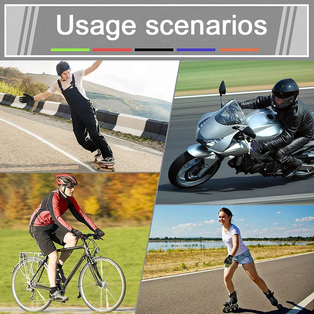 A collage showing usage scenarios for motorcycle riding gloves, including a person riding a motorcycle and a person cycling o
