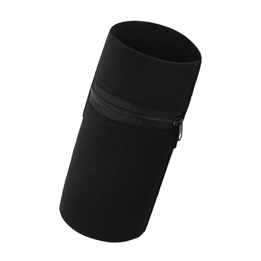 Black zippered wrist bag designed to hold a phone and key card.
