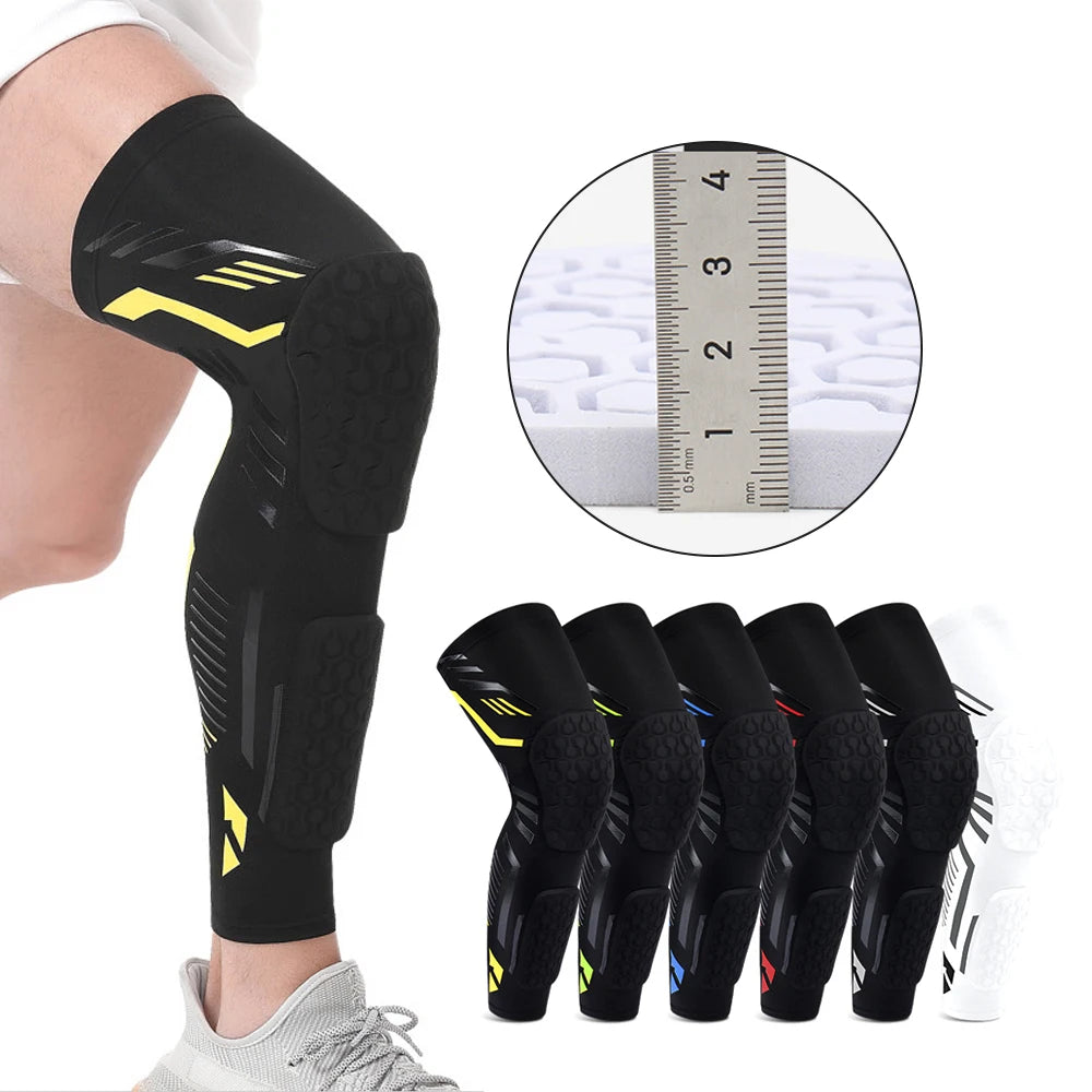 Black padded knee and calf compression sleeves worn on a leg.