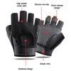 Black sports gloves with a non-slip silicone grip and elastic velcro for cycling and fitness.