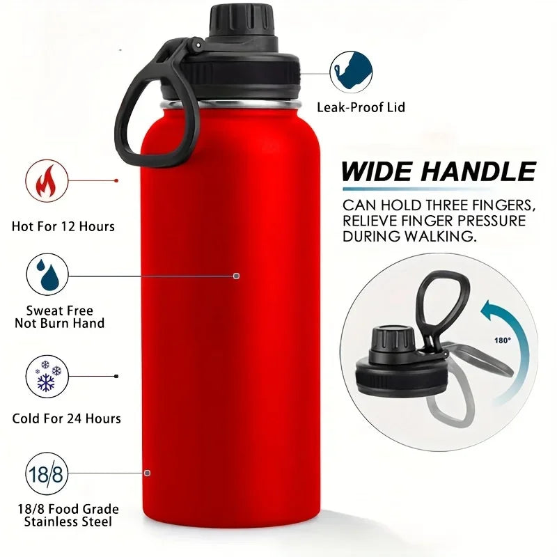A red insulated stainless steel vacuum water bottle with a wide handle and leak-proof lid.