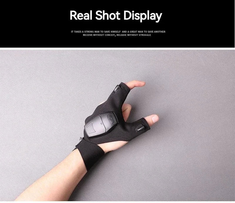 A hand wearing tactical gloves is holding a multi-use LED flashlight.