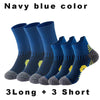 A pack of navy blue performance running socks, including three long and three short styles.
