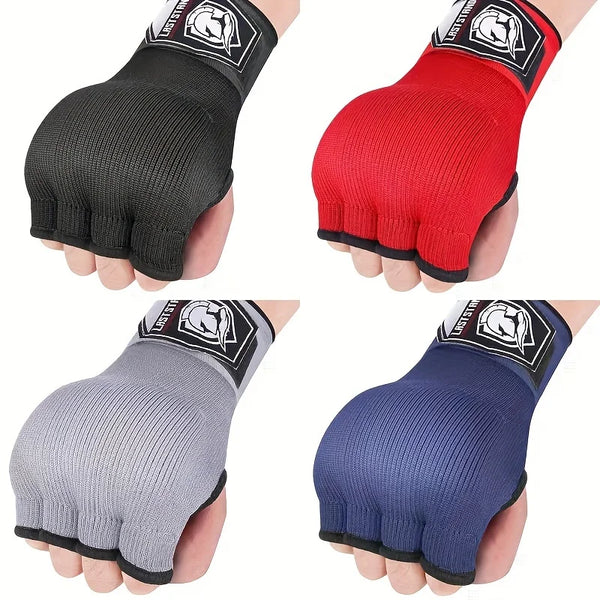 Three half finger boxing gloves in black, red, and blue for Muay Thai and MMA training