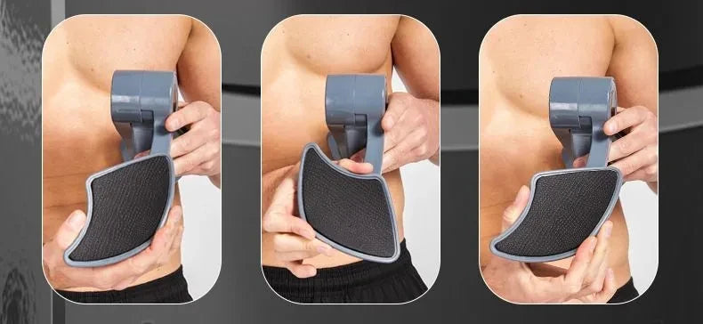 Three views of a gray pelvic muscle trainer device being held by a person's hand.