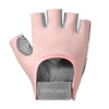 A pink anti-slip yoga and fitness glove with a padded palm and finger openings.
