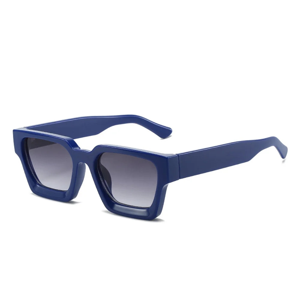 A pair of navy blue retro square frame sunglasses with dark lenses.