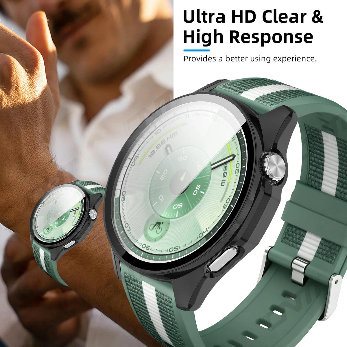 A close-up of a green Huawei Watch GT 6 with a clear tempered glass screen and a matching silicone strap.