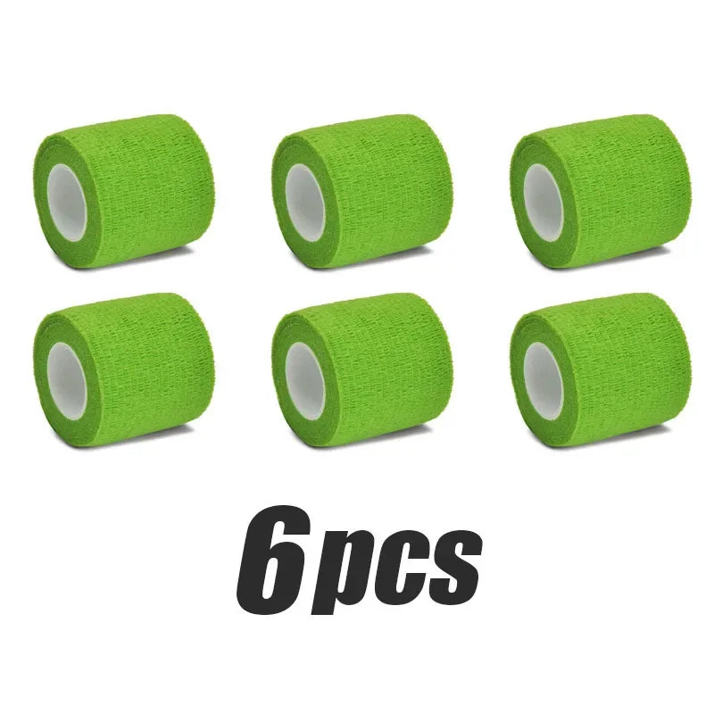Six rolls of bright lime green elastic tattoo grip tape for finger and wrist protection.