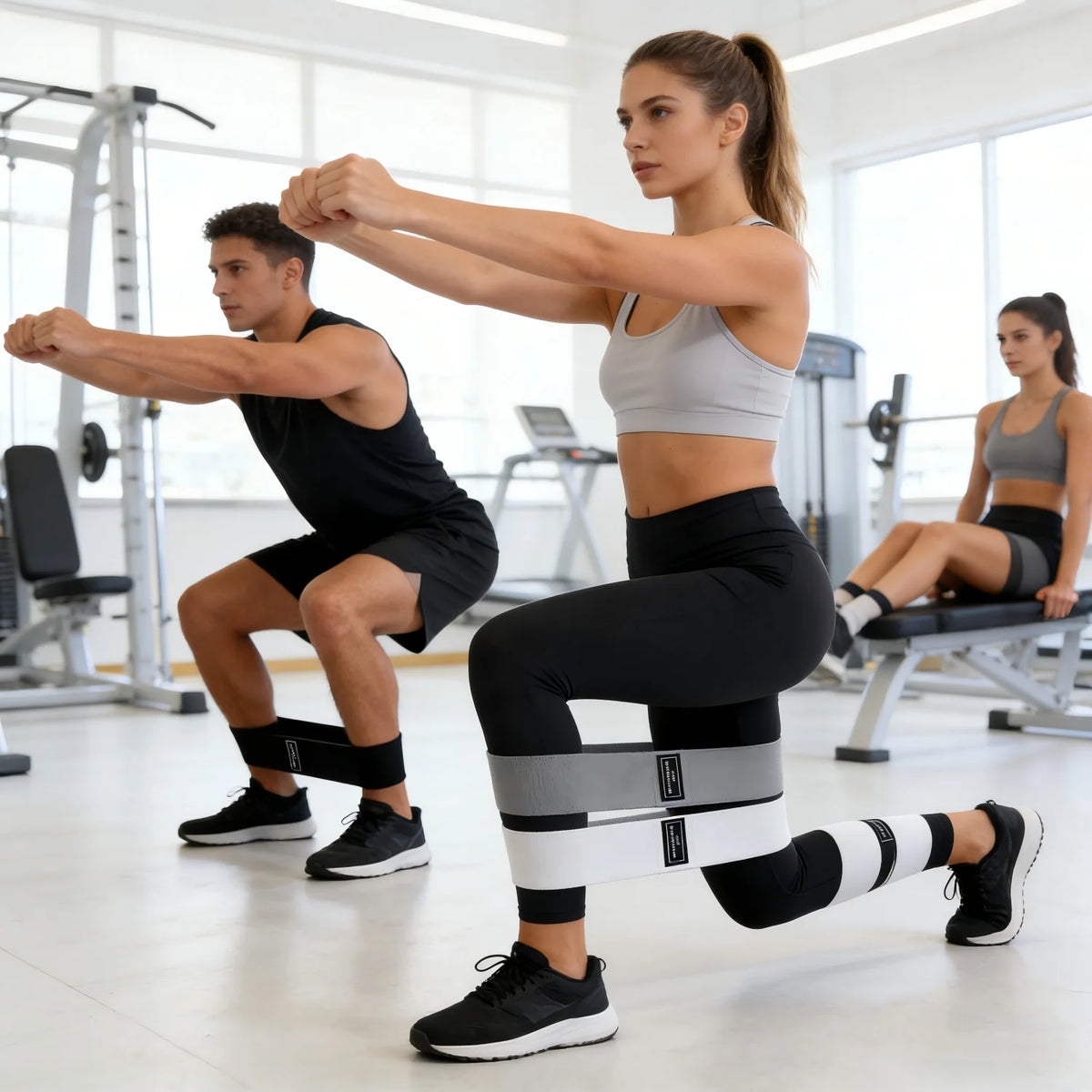 A fit woman performs a leg workout using black resistance bands while exercising in a gym setting.
