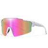 A pair of pink and green polarized cycling sunglasses with a speckled frame.