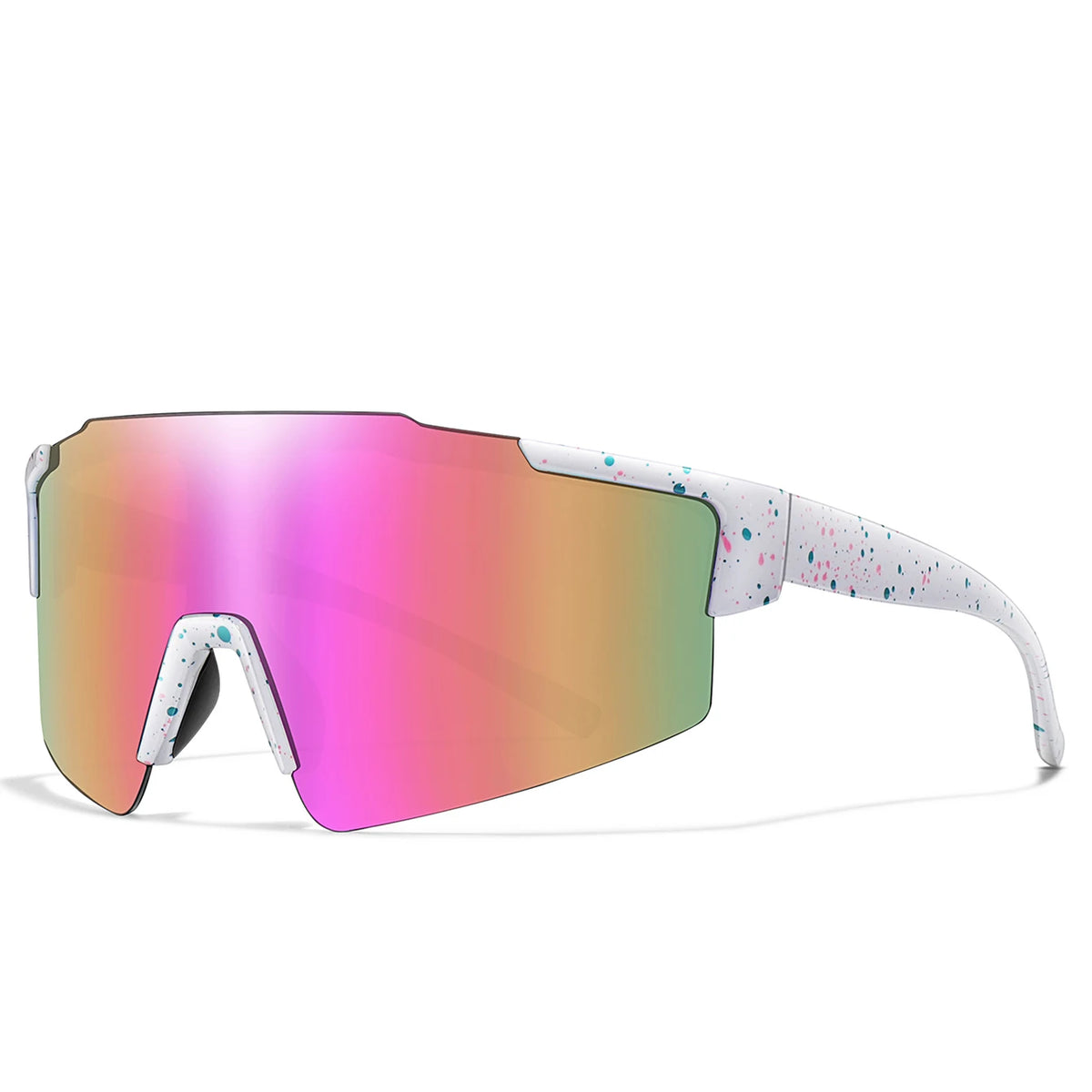 A pair of pink and green polarized cycling sunglasses with a speckled frame.