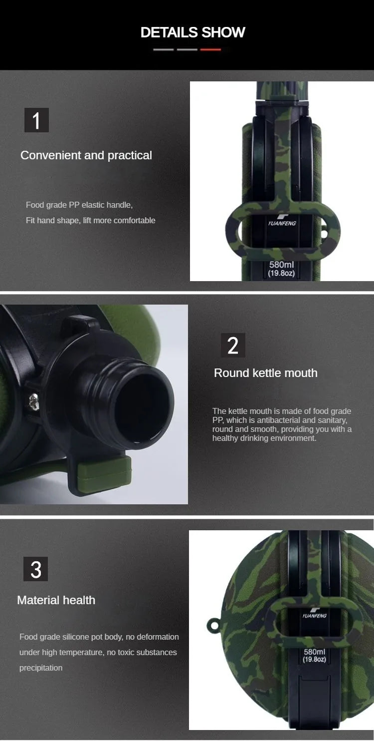 Details show a food grade silicone kettle with a green and black camouflage pattern, highlighting its convenient design and m