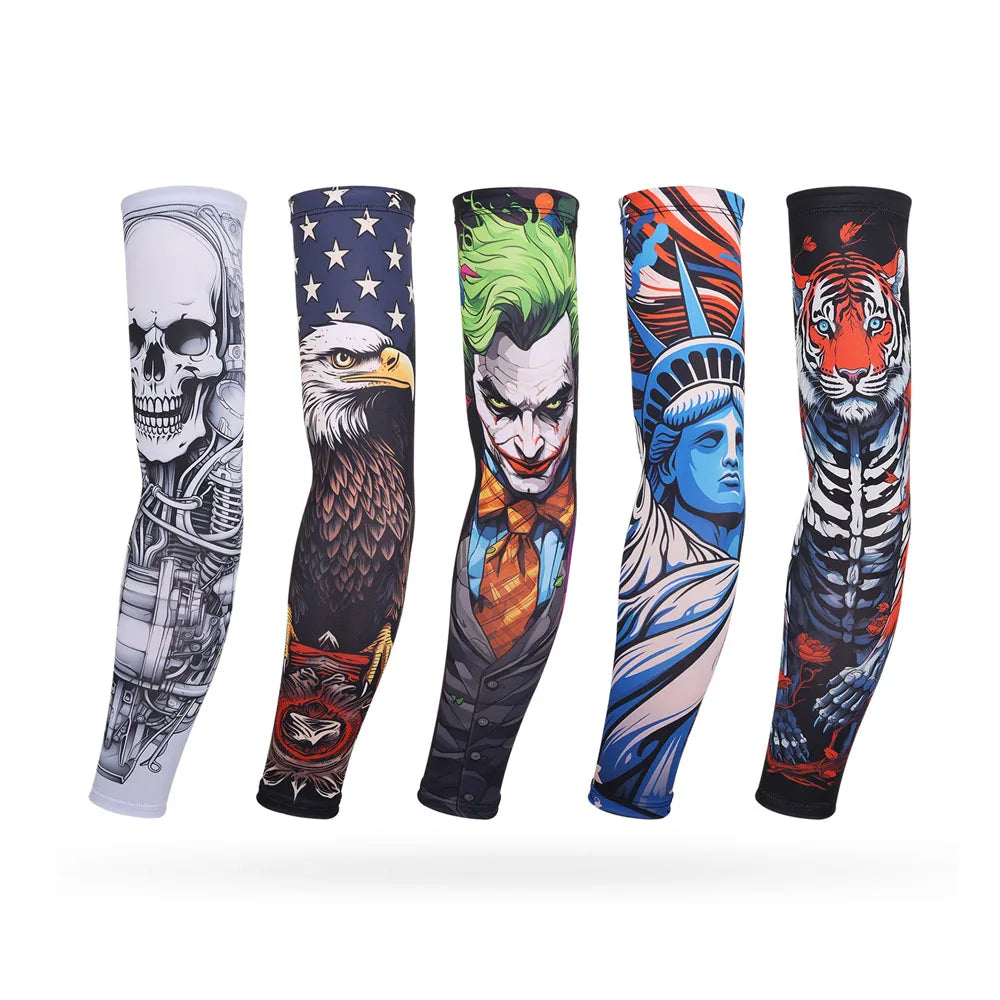 A set of five long sleeve arm protectors featuring skulls, eagles, and tigers in various colors