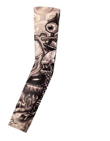 A black and gray graphic design printed on a long seamless tattoo sleeve.